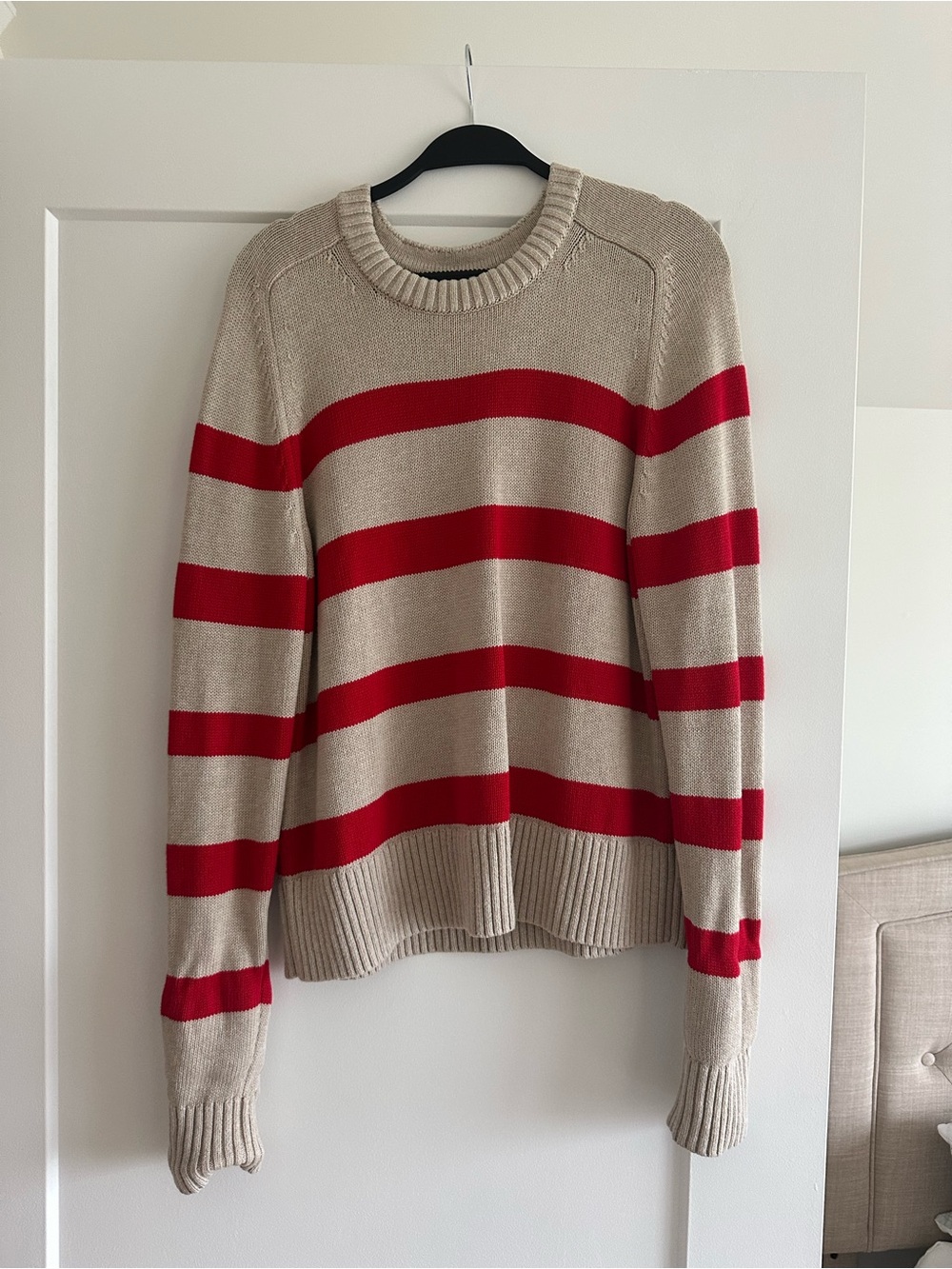 Banana Republic Beige Crewneck Sweater with Red Stripes